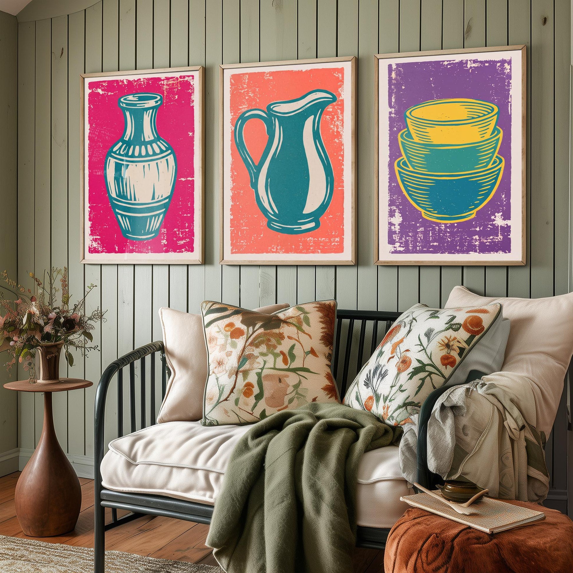 Set of Three Pottery Art Prints - Vase, Jug, Nested Bowls - Linocut Illustrations - Ceramics Studio Triptych Posters V1