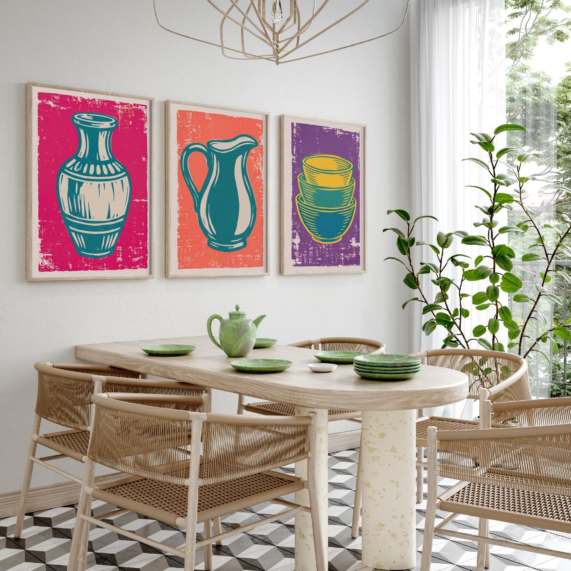 Set of Three Pottery Art Prints - Vase, Jug, Nested Bowls - Linocut Illustrations - Ceramics Studio Triptych Posters V1
