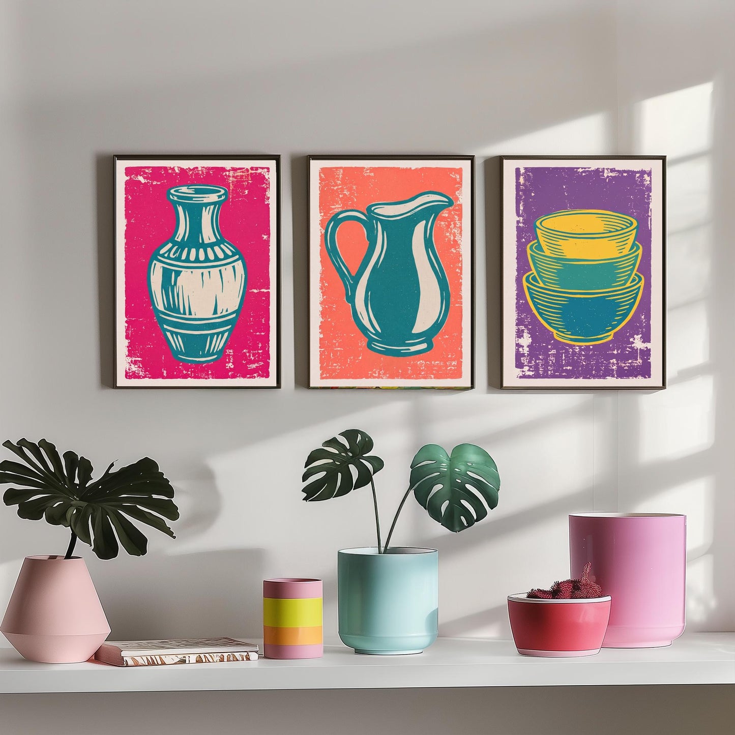 Set of Three Pottery Art Prints - Vase, Jug, Nested Bowls - Linocut Illustrations - Ceramics Studio Triptych Posters V1