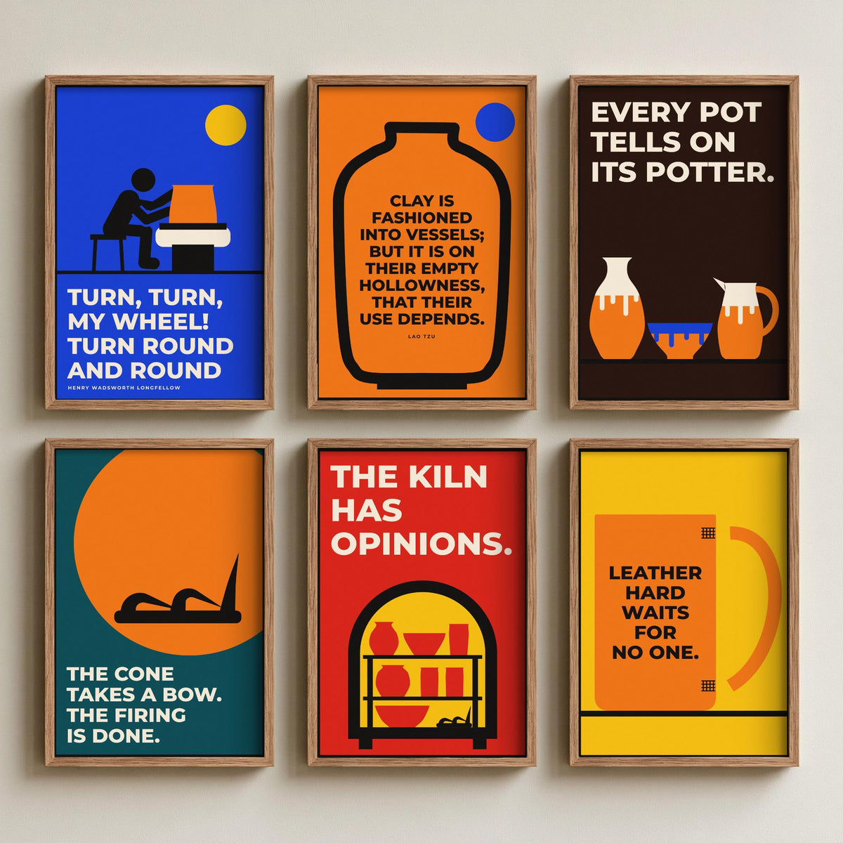 Set of Six Pottery Quote Art Prints - 6 Bauhaus Ceramics Potter Posters - Minimalist Craft Illustration - Potter's Wheel, Kiln