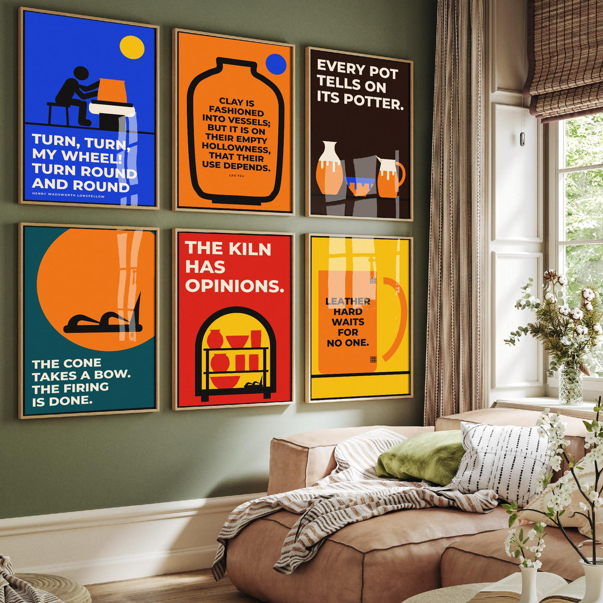 Set of Six Pottery Quote Art Prints - 6 Bauhaus Ceramics Potter Posters - Minimalist Craft Illustration - Potter's Wheel, Kiln