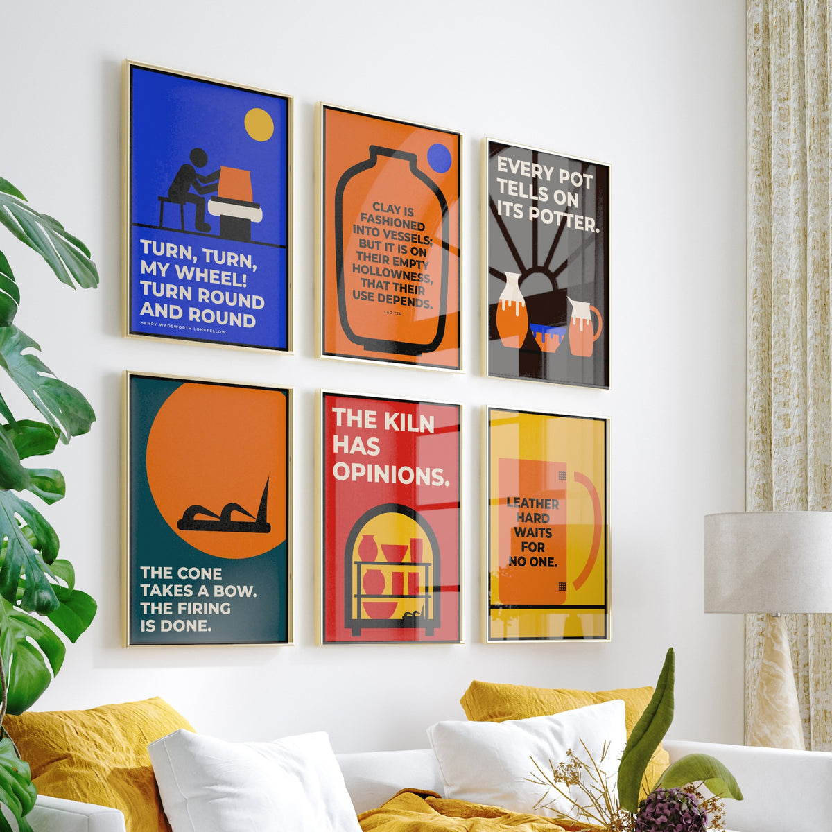 Set of Six Pottery Quote Art Prints - 6 Bauhaus Ceramics Potter Posters - Minimalist Craft Illustration - Potter's Wheel, Kiln