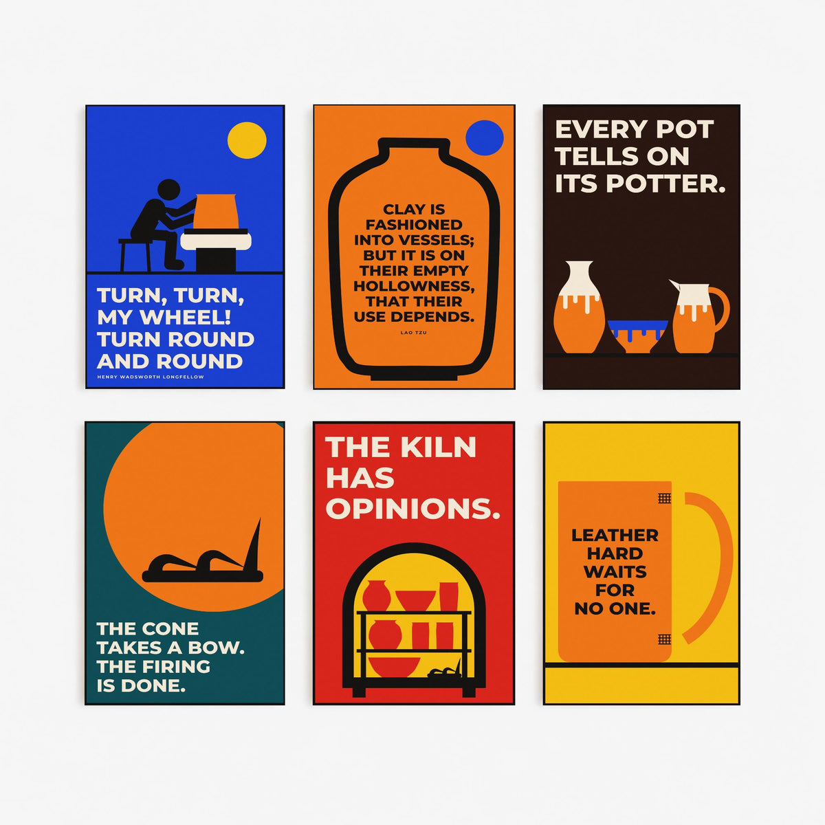 Set of Six Pottery Quote Art Prints - 6 Bauhaus Ceramics Potter Posters - Minimalist Craft Illustration - Potter's Wheel, Kiln