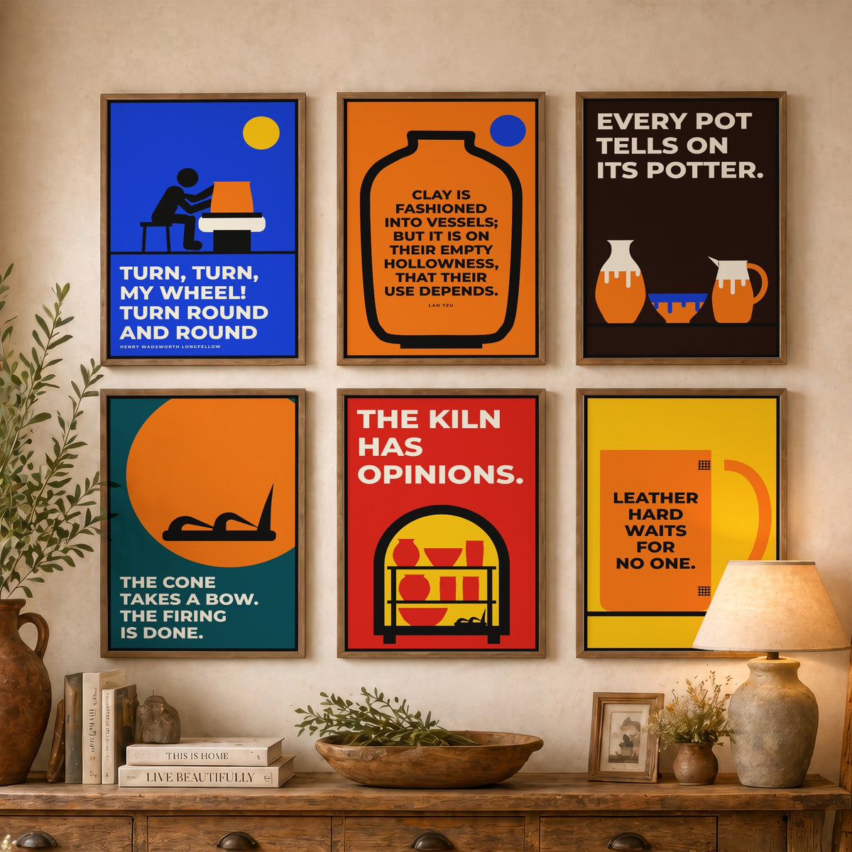 Set of Six Pottery Quote Art Prints - 6 Bauhaus Ceramics Potter Posters - Minimalist Craft Illustration - Potter's Wheel, Kiln