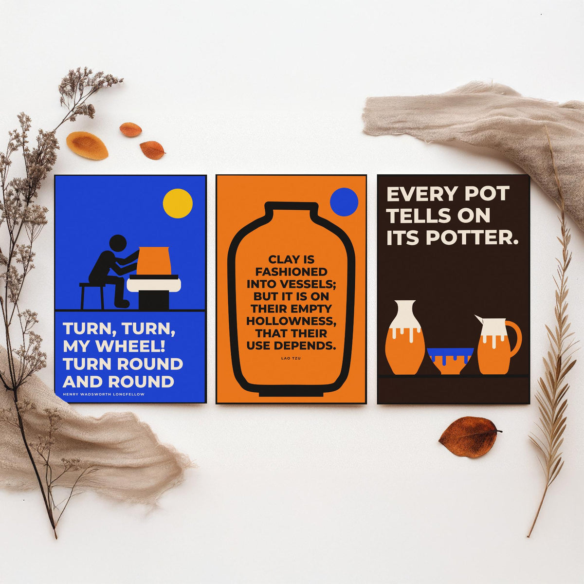 Pottery Quotes Set of Three Art Prints - 3 Bauhaus Ceramics Potter Posters - Minimalist Craft Wall Art Illustration V1