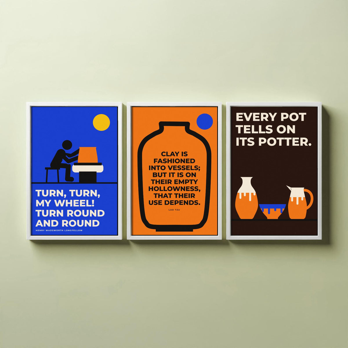 Pottery Quotes Set of Three Art Prints - 3 Bauhaus Ceramics Potter Posters - Minimalist Craft Wall Art Illustration V1