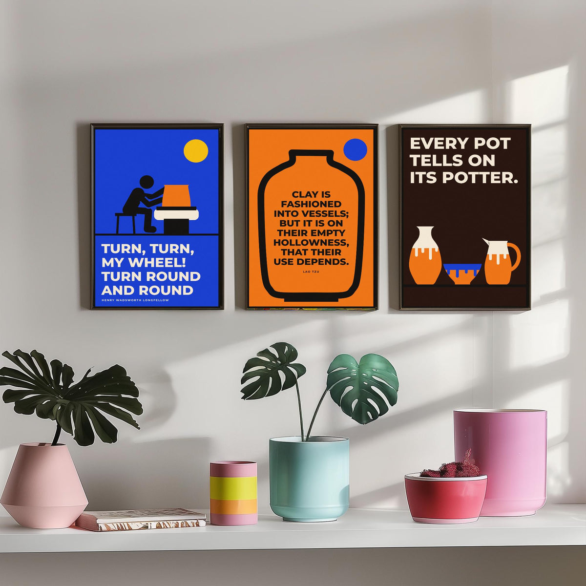 Pottery Quotes Set of Three Art Prints - 3 Bauhaus Ceramics Potter Posters - Minimalist Craft Wall Art Illustration V1