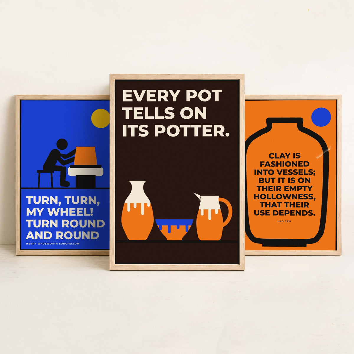Pottery Quotes Set of Three Art Prints - 3 Bauhaus Ceramics Potter Posters - Minimalist Craft Wall Art Illustration V1