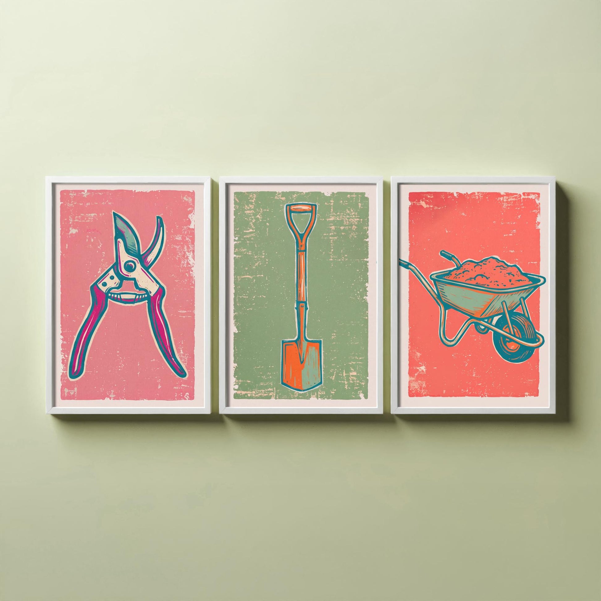 Secateurs, Spade & Wheelbarrow Set of Three Art Prints - Linocut Garden Tool Illustrations - Potting Shed Triptych Posters V2