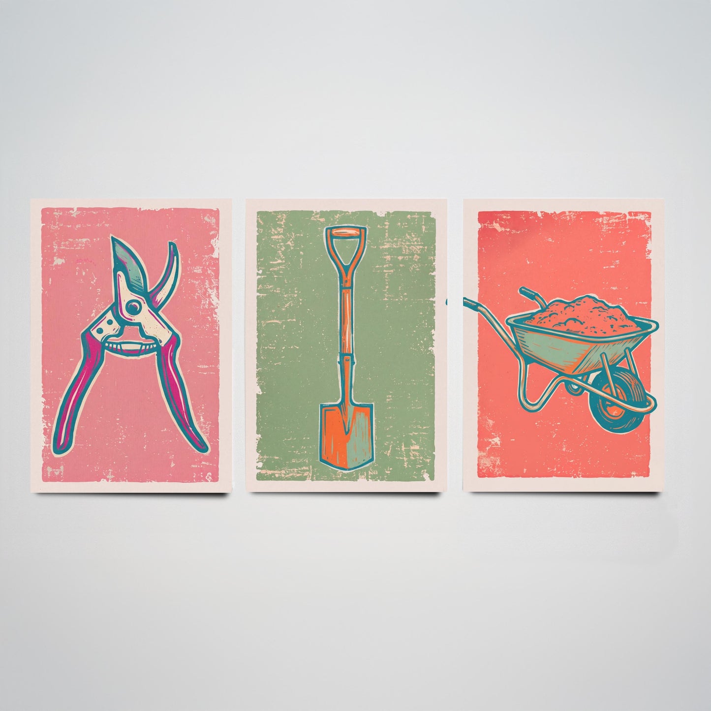 Secateurs, Spade & Wheelbarrow Set of Three Art Prints - Linocut Garden Tool Illustrations - Potting Shed Triptych Posters V2
