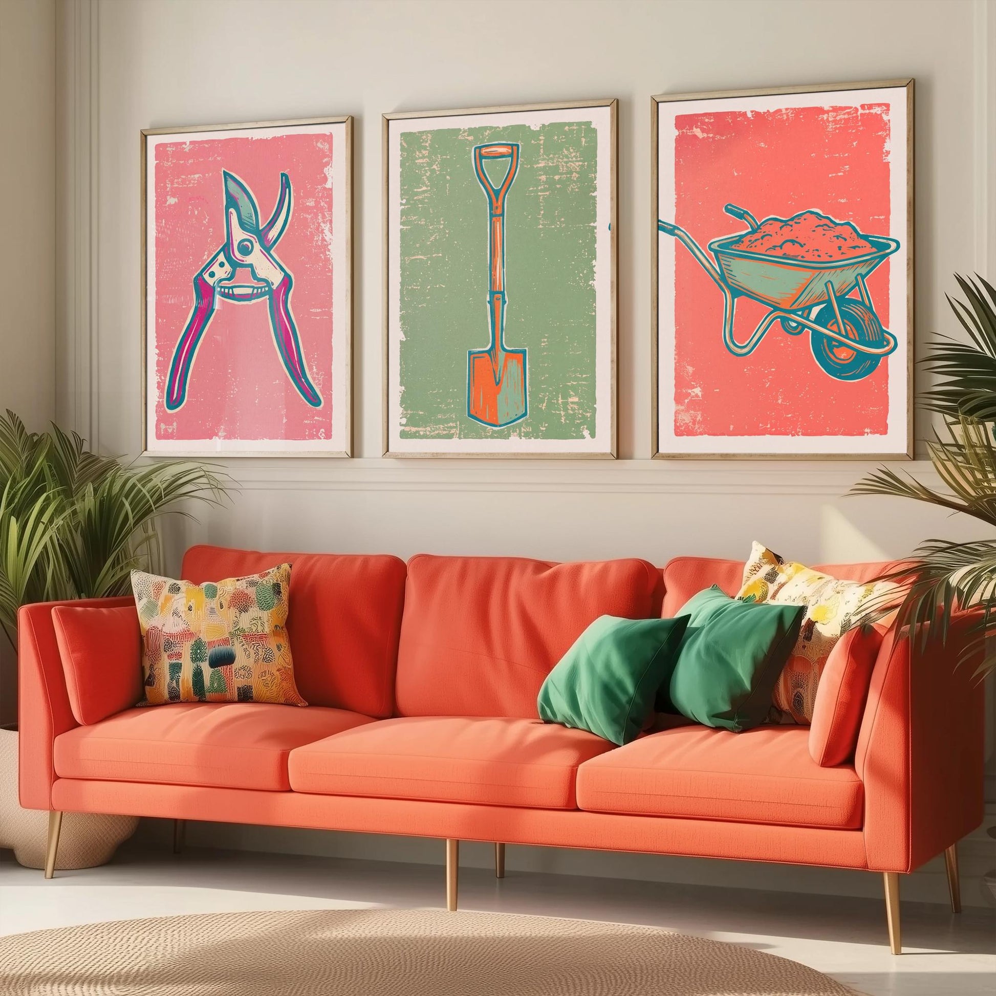 Secateurs, Spade & Wheelbarrow Set of Three Art Prints - Linocut Garden Tool Illustrations - Potting Shed Triptych Posters V2