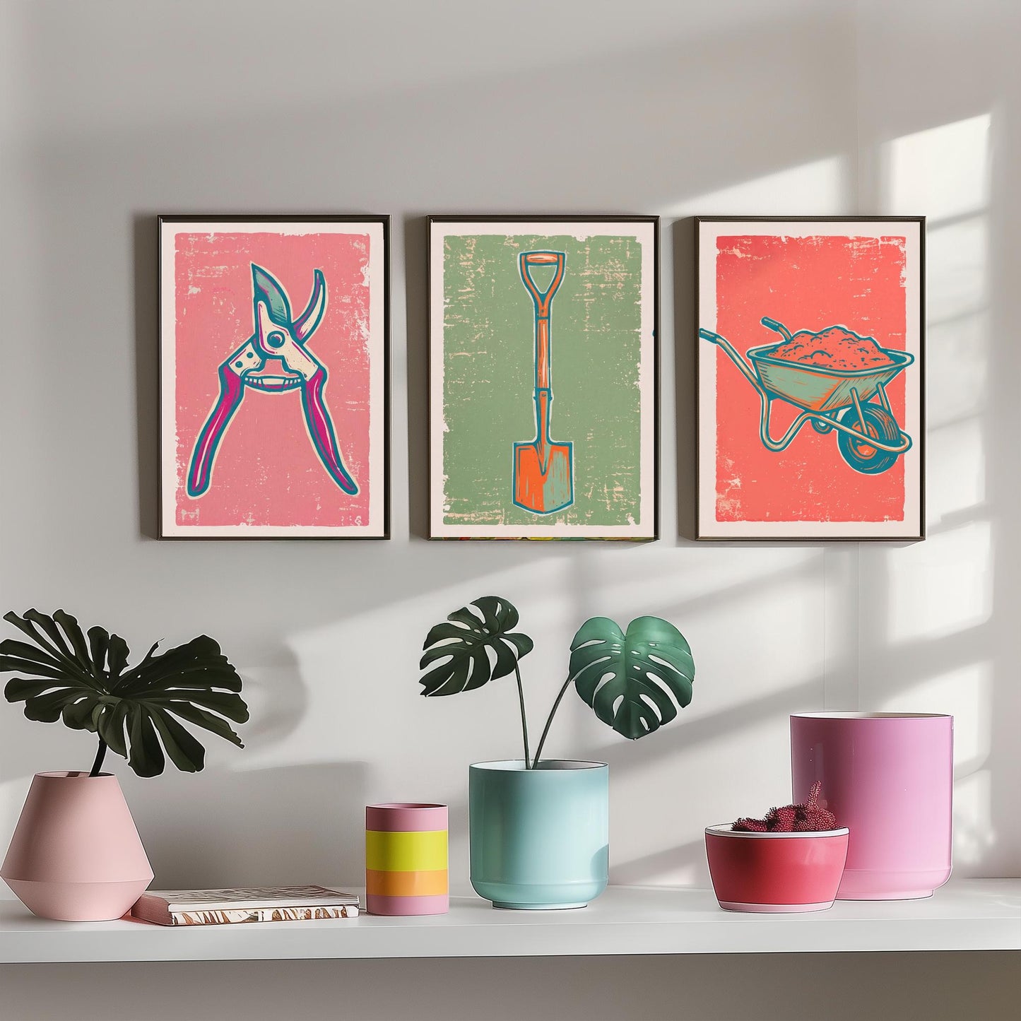 Secateurs, Spade & Wheelbarrow Set of Three Art Prints - Linocut Garden Tool Illustrations - Potting Shed Triptych Posters V2