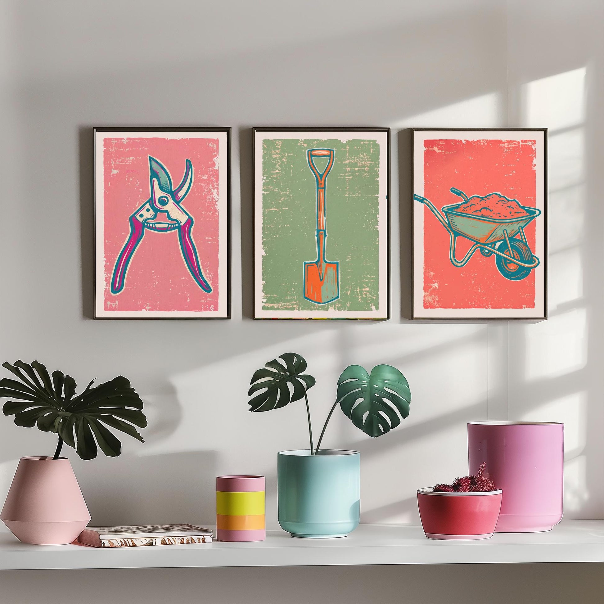 Secateurs, Spade & Wheelbarrow Set of Three Art Prints - Linocut Garden Tool Illustrations - Potting Shed Triptych Posters V2
