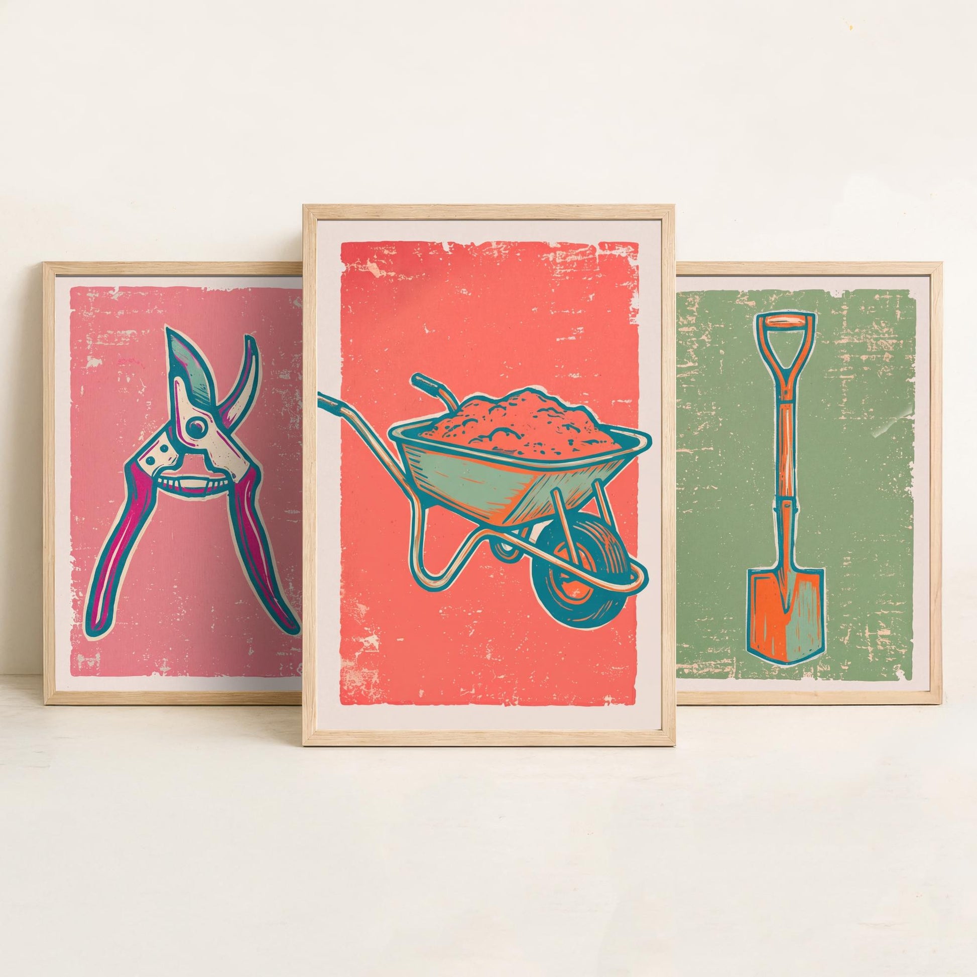 Secateurs, Spade & Wheelbarrow Set of Three Art Prints - Linocut Garden Tool Illustrations - Potting Shed Triptych Posters V2