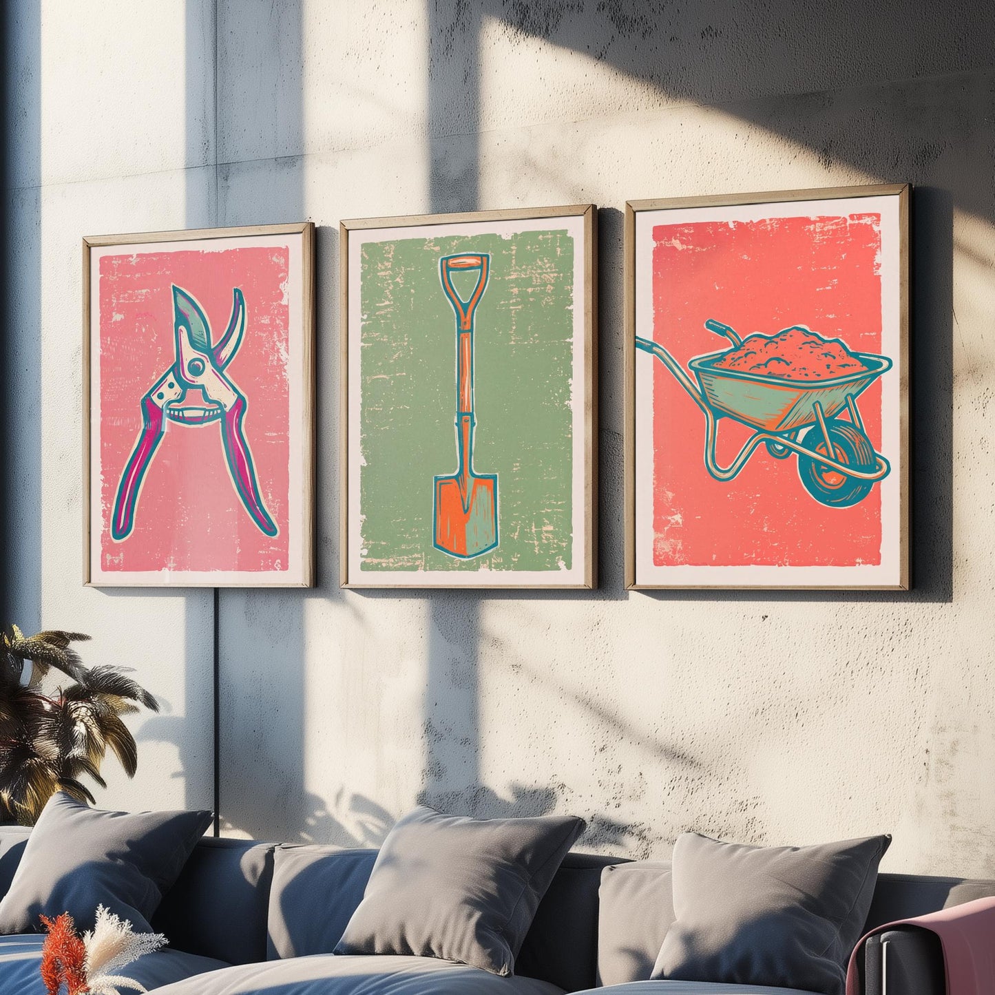 Secateurs, Spade & Wheelbarrow Set of Three Art Prints - Linocut Garden Tool Illustrations - Potting Shed Triptych Posters V2