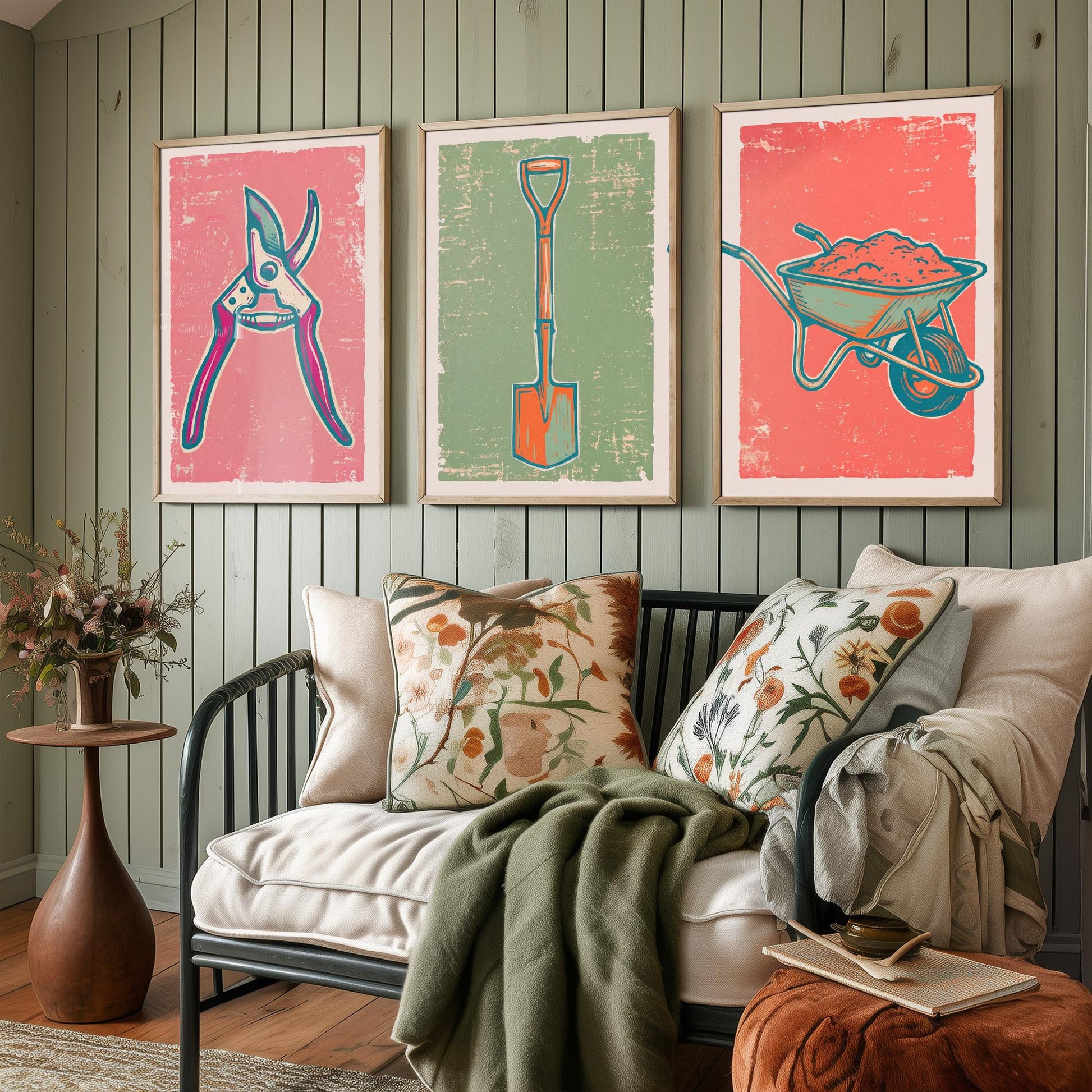 Secateurs, Spade & Wheelbarrow Set of Three Art Prints - Linocut Garden Tool Illustrations - Potting Shed Triptych Posters V2