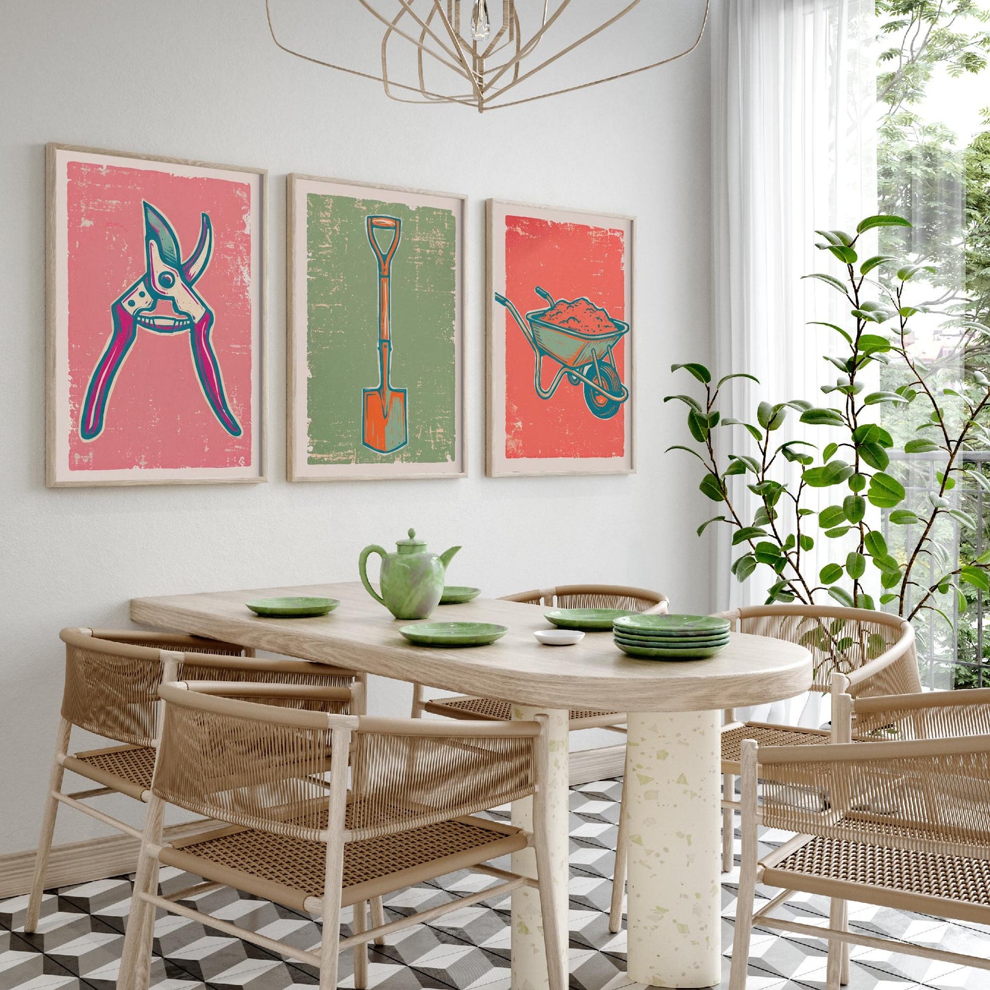 Secateurs, Spade & Wheelbarrow Set of Three Art Prints - Linocut Garden Tool Illustrations - Potting Shed Triptych Posters V2