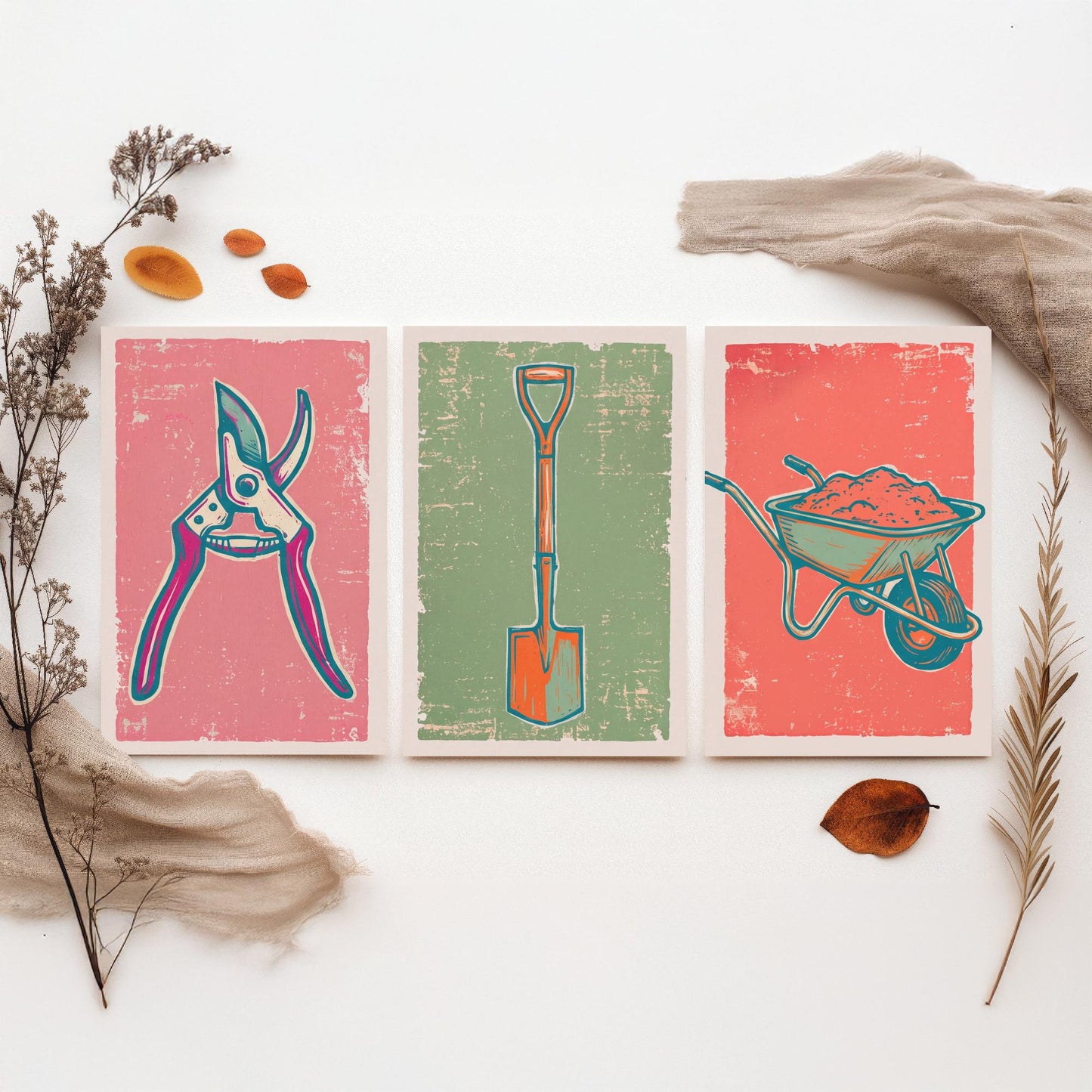 Secateurs, Spade & Wheelbarrow Set of Three Art Prints - Linocut Garden Tool Illustrations - Potting Shed Triptych Posters V2