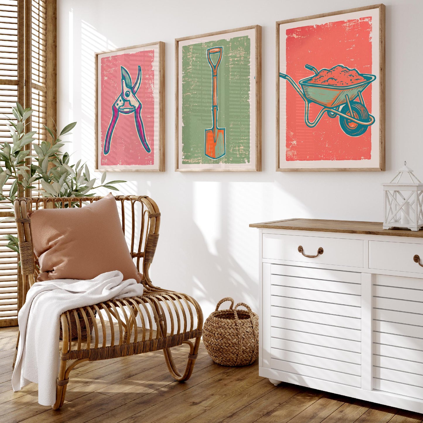 Secateurs, Spade & Wheelbarrow Set of Three Art Prints - Linocut Garden Tool Illustrations - Potting Shed Triptych Posters V2