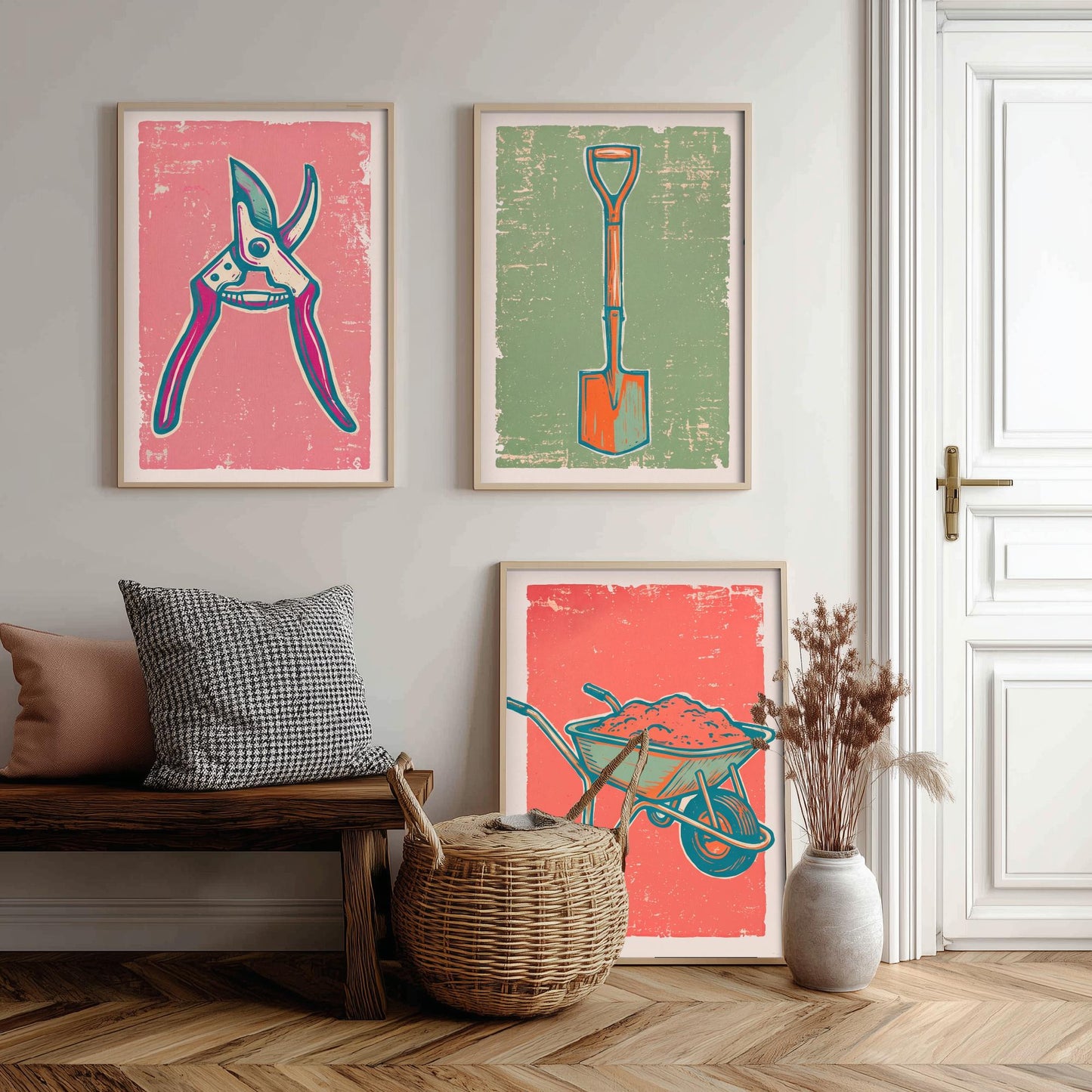 Secateurs, Spade & Wheelbarrow Set of Three Art Prints - Linocut Garden Tool Illustrations - Potting Shed Triptych Posters V2