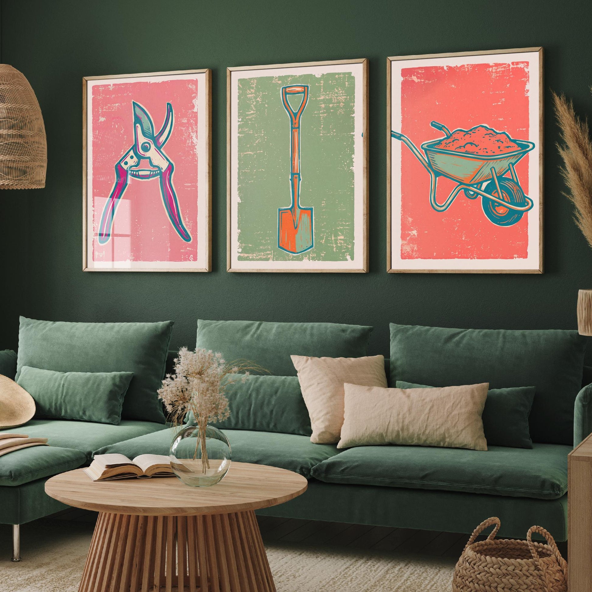 Secateurs, Spade & Wheelbarrow Set of Three Art Prints - Linocut Garden Tool Illustrations - Potting Shed Triptych Posters V2