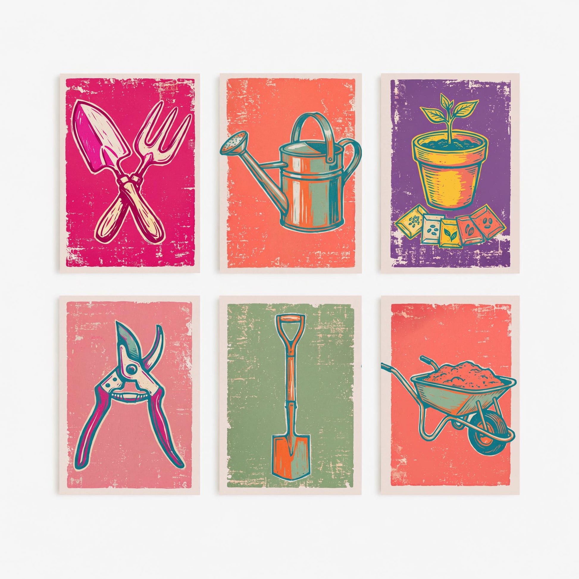 Set of Six Potting Shed Art Prints - 6 Garden Tool Linocut Illustrations - Trowel, Watering Can, Terracotta Pot, Spade, Wheelbarrow Posters