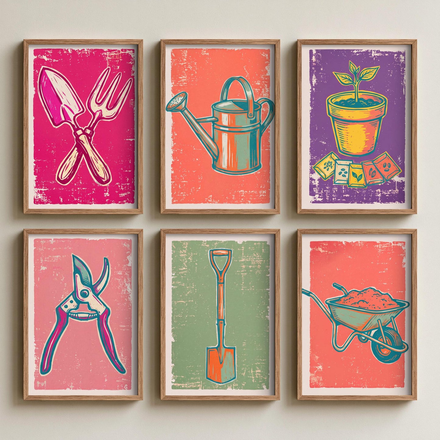 Set of Six Potting Shed Art Prints - 6 Garden Tool Linocut Illustrations - Trowel, Watering Can, Terracotta Pot, Spade, Wheelbarrow Posters