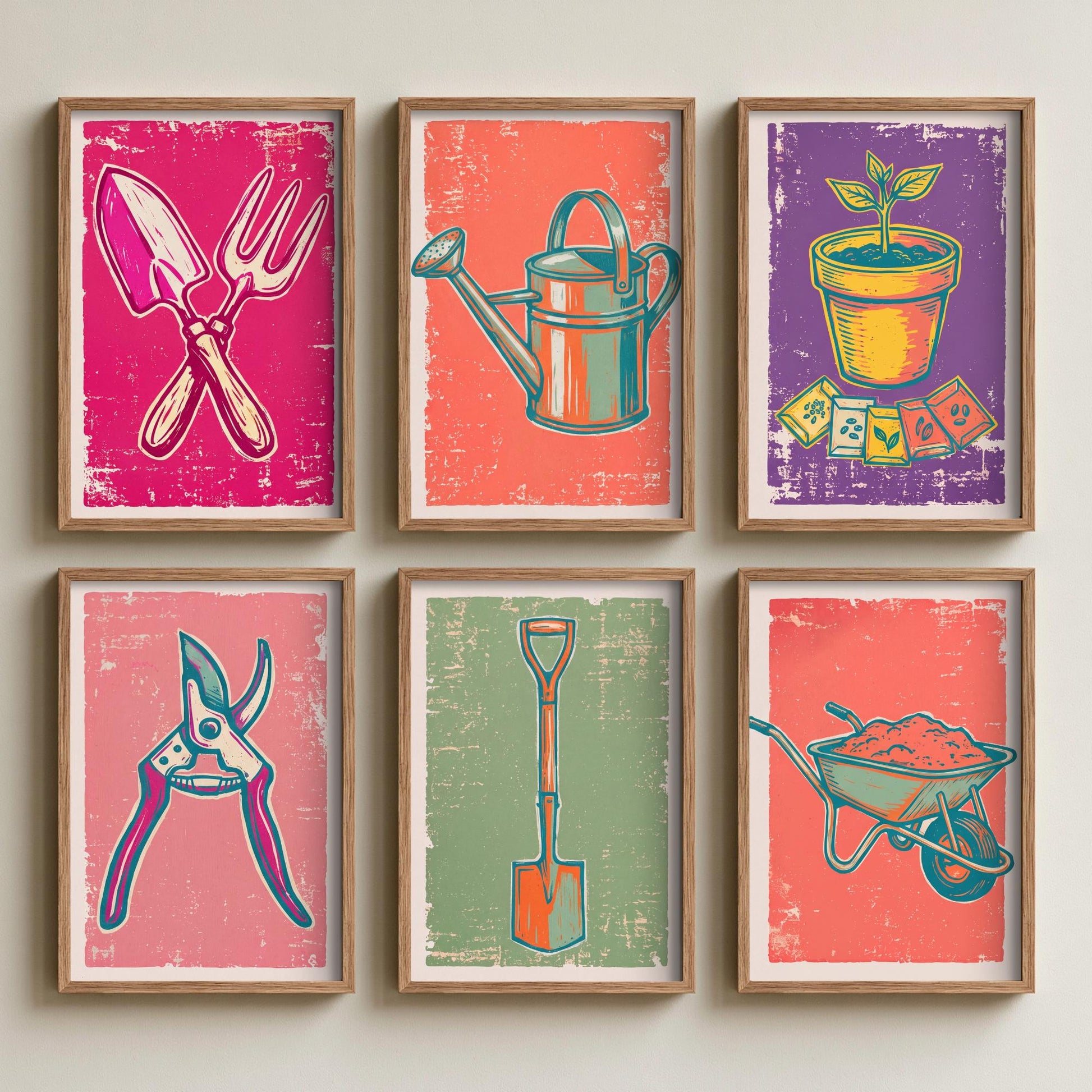 Set of Six Potting Shed Art Prints - 6 Garden Tool Linocut Illustrations - Trowel, Watering Can, Terracotta Pot, Spade, Wheelbarrow Posters