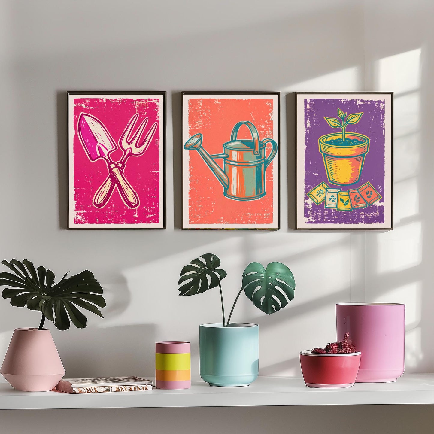 Trowel, Watering Can & Terracotta Pot Set of Three Art Prints - Linocut Garden Illustrations - Potting Shed Triptych Posters V1