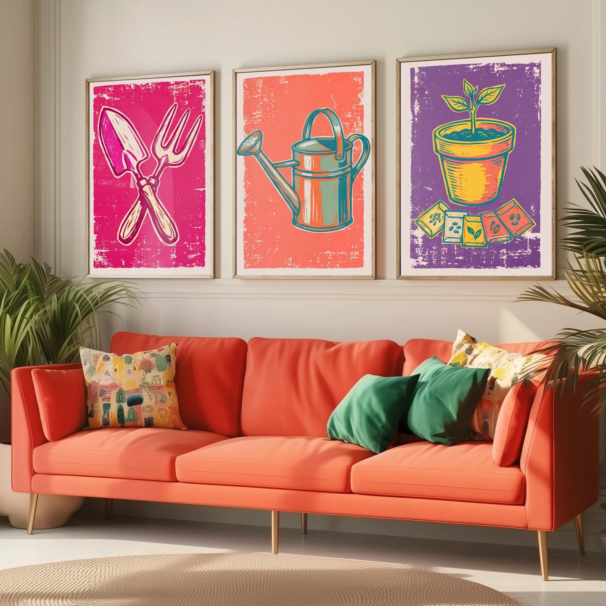 Trowel, Watering Can & Terracotta Pot Set of Three Art Prints - Linocut Garden Illustrations - Potting Shed Triptych Posters V1
