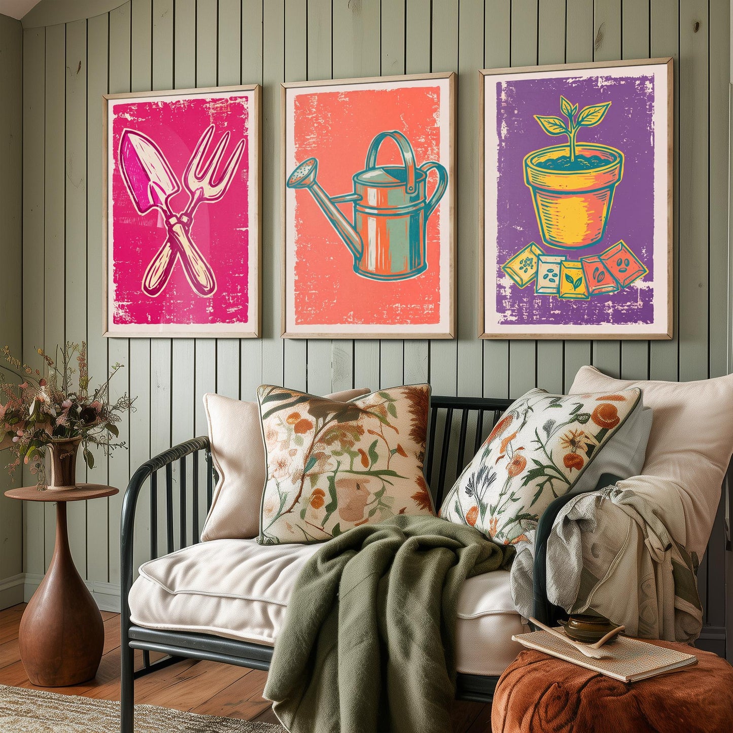 Trowel, Watering Can & Terracotta Pot Set of Three Art Prints - Linocut Garden Illustrations - Potting Shed Triptych Posters V1