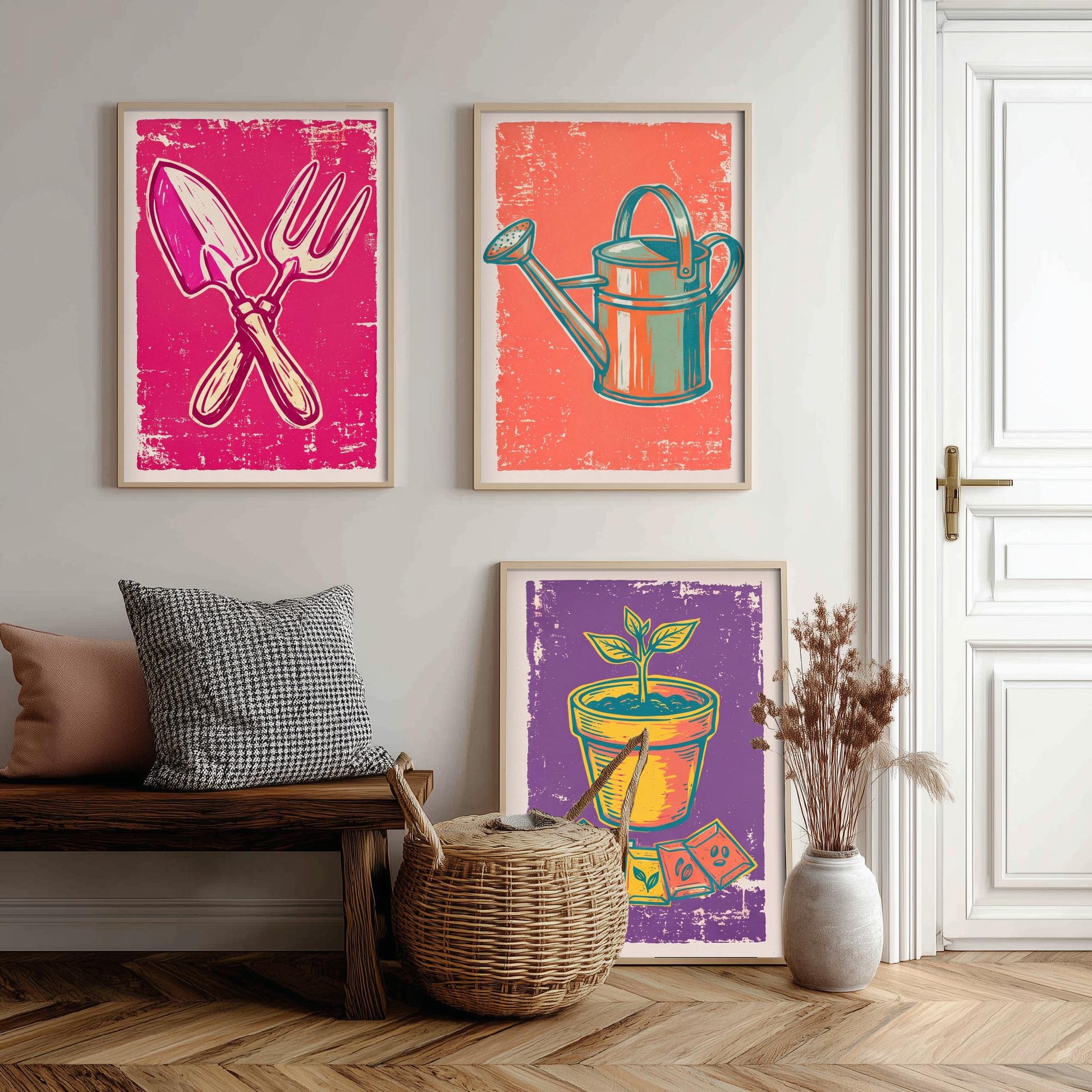Trowel, Watering Can & Terracotta Pot Set of Three Art Prints - Linocut Garden Illustrations - Potting Shed Triptych Posters V1