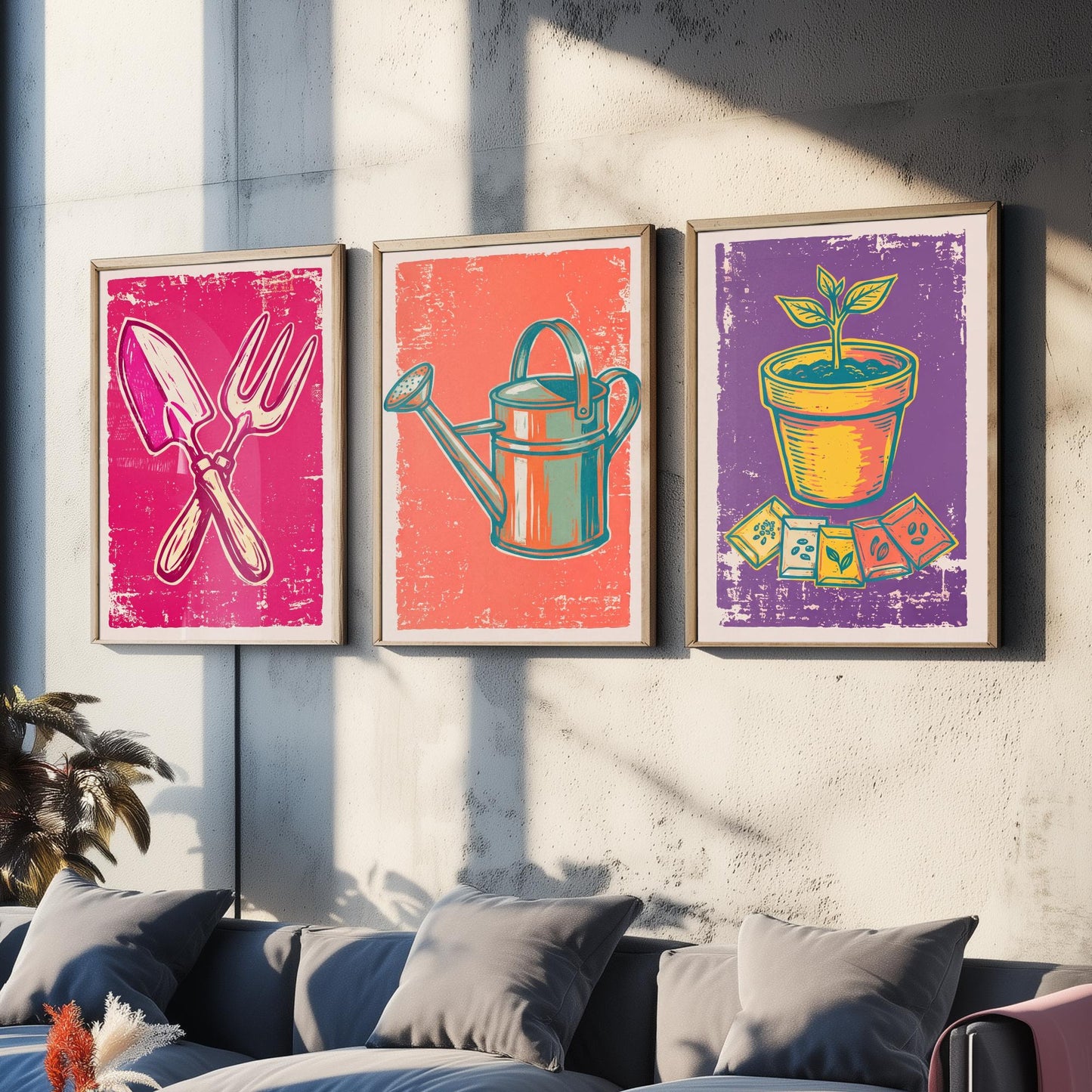 Trowel, Watering Can & Terracotta Pot Set of Three Art Prints - Linocut Garden Illustrations - Potting Shed Triptych Posters V1