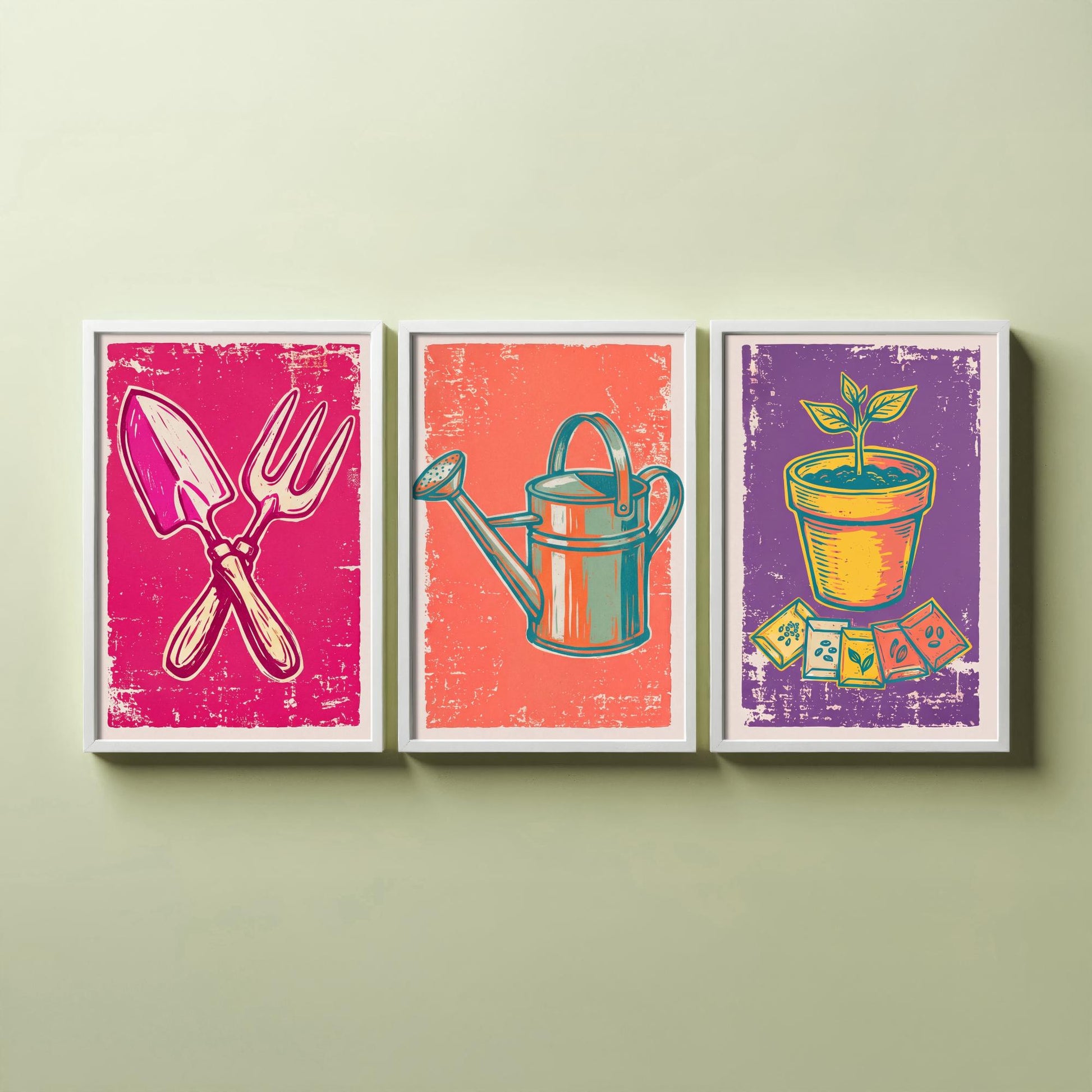 Trowel, Watering Can & Terracotta Pot Set of Three Art Prints - Linocut Garden Illustrations - Potting Shed Triptych Posters V1