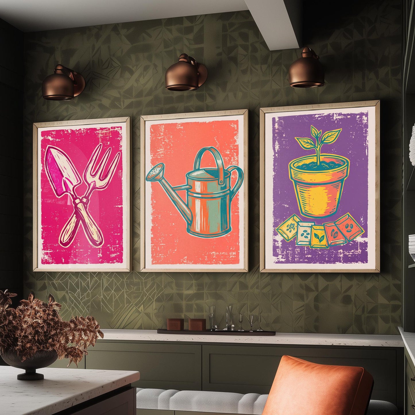 Trowel, Watering Can & Terracotta Pot Set of Three Art Prints - Linocut Garden Illustrations - Potting Shed Triptych Posters V1