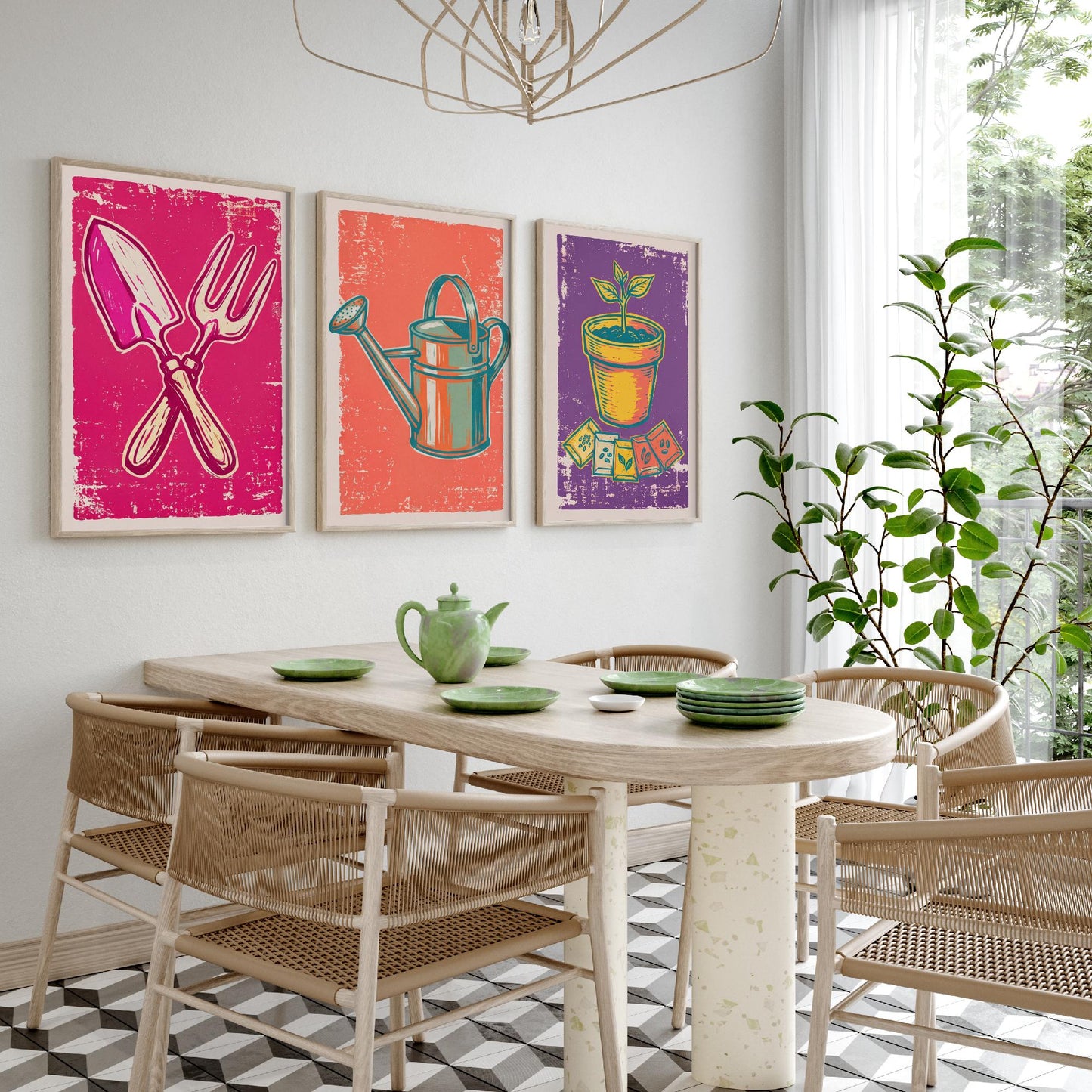 Trowel, Watering Can & Terracotta Pot Set of Three Art Prints - Linocut Garden Illustrations - Potting Shed Triptych Posters V1