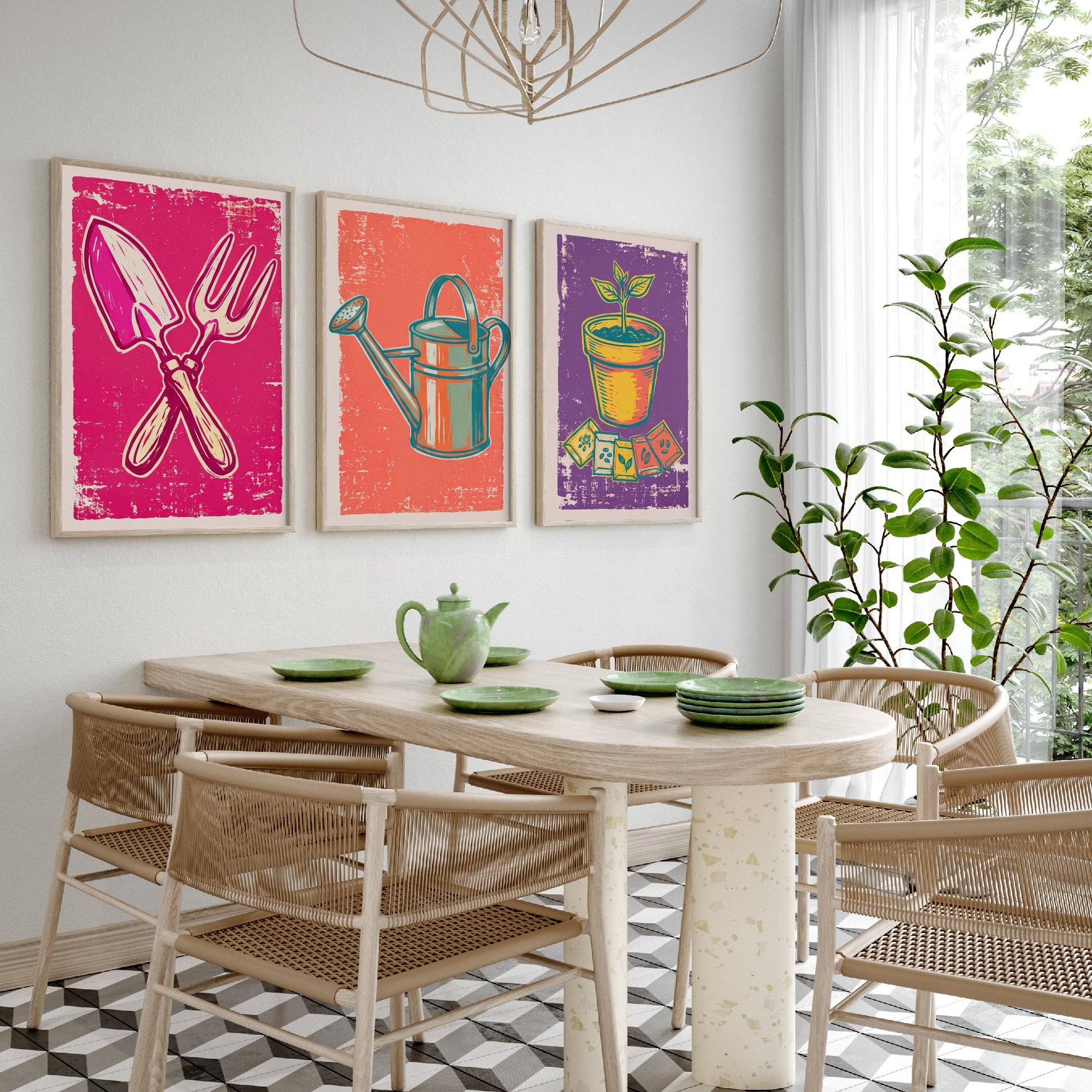 Trowel, Watering Can & Terracotta Pot Set of Three Art Prints - Linocut Garden Illustrations - Potting Shed Triptych Posters V1