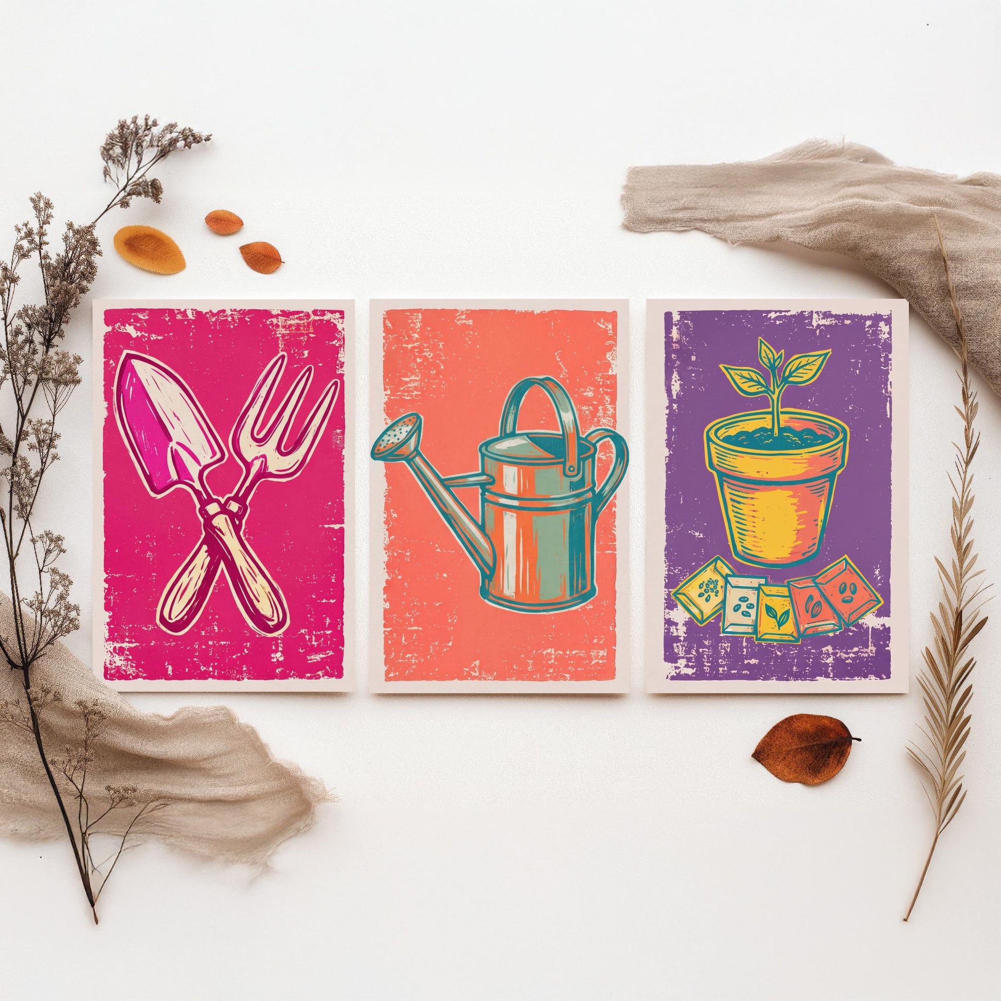Trowel, Watering Can & Terracotta Pot Set of Three Art Prints - Linocut Garden Illustrations - Potting Shed Triptych Posters V1