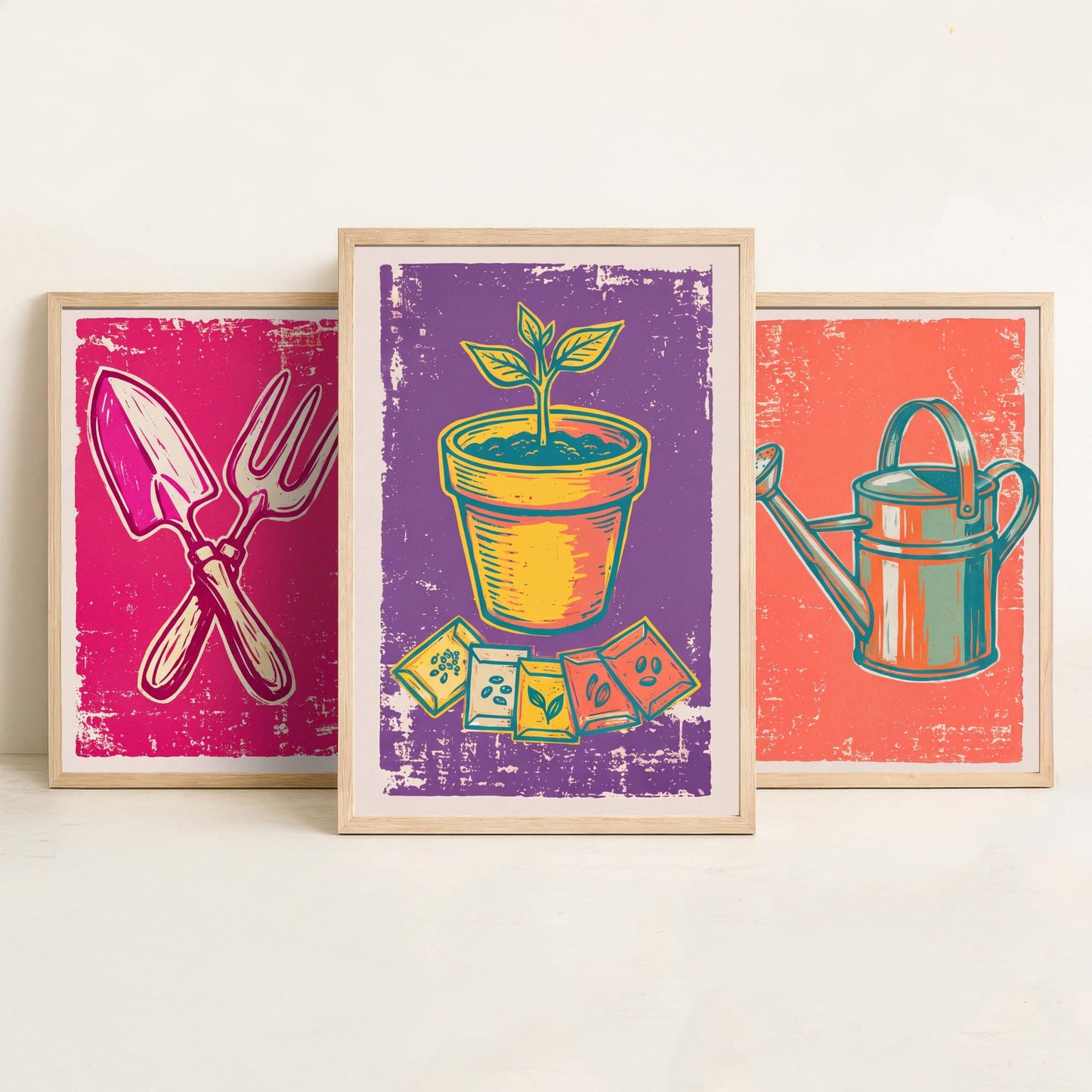 Trowel, Watering Can & Terracotta Pot Set of Three Art Prints - Linocut Garden Illustrations - Potting Shed Triptych Posters V1