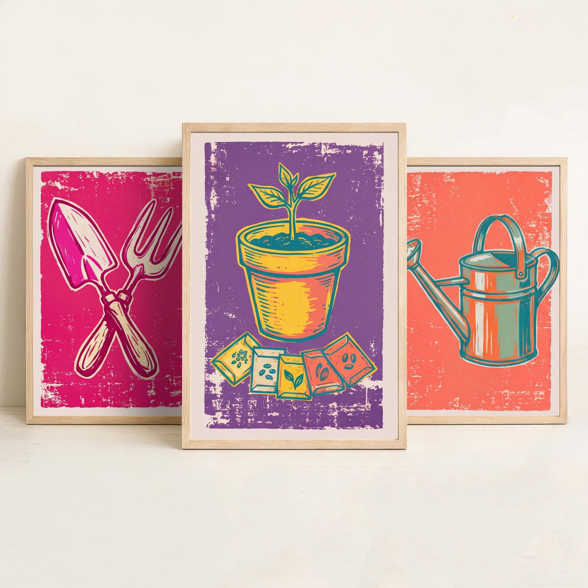 Trowel, Watering Can & Terracotta Pot Set of Three Art Prints - Linocut Garden Illustrations - Potting Shed Triptych Posters V1