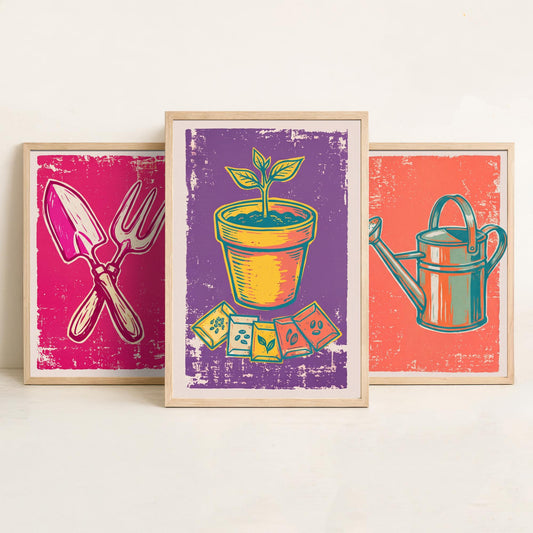 Trowel, Watering Can & Terracotta Pot Set of Three Art Prints - Linocut Garden Illustrations - Potting Shed Triptych Posters V1