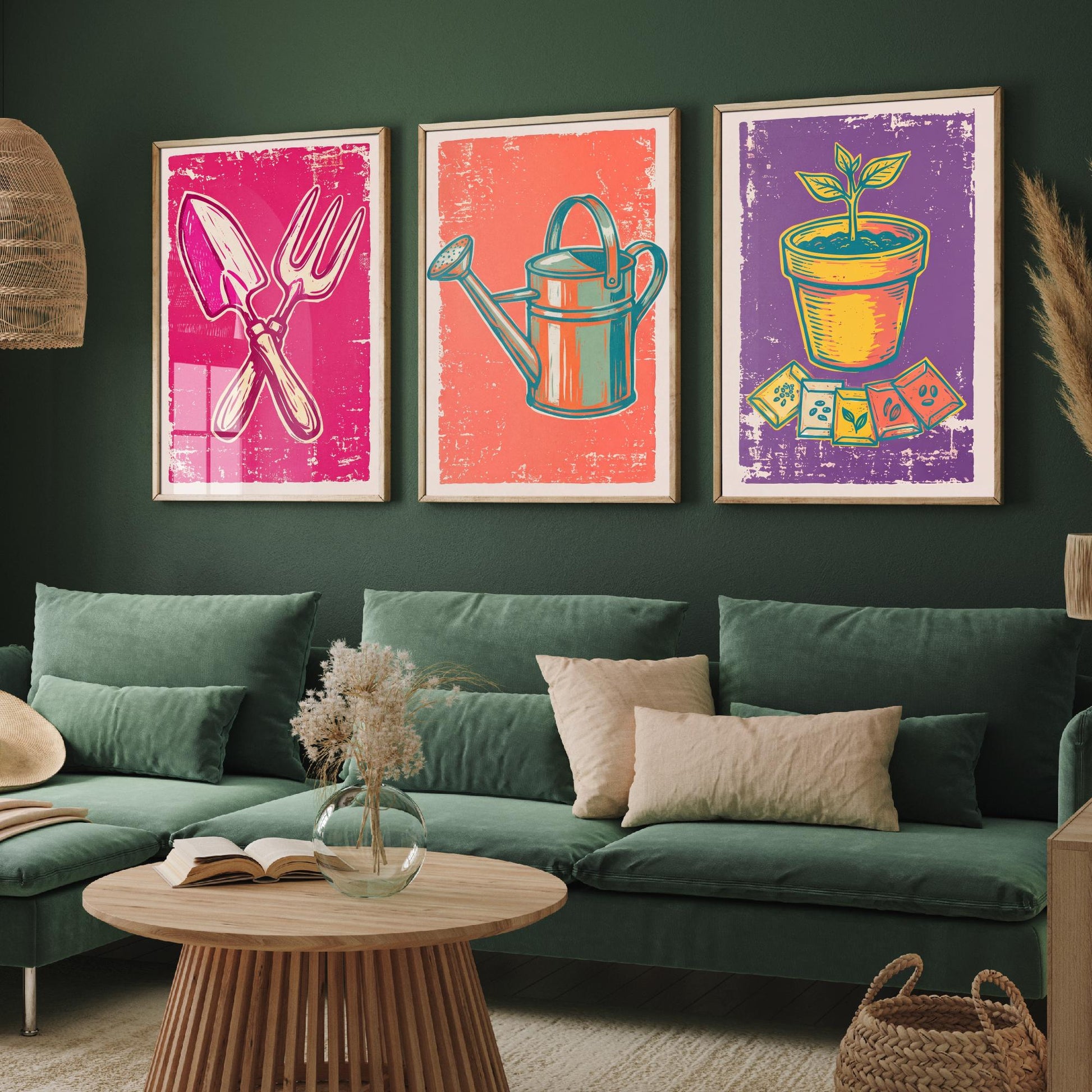 Trowel, Watering Can & Terracotta Pot Set of Three Art Prints - Linocut Garden Illustrations - Potting Shed Triptych Posters V1