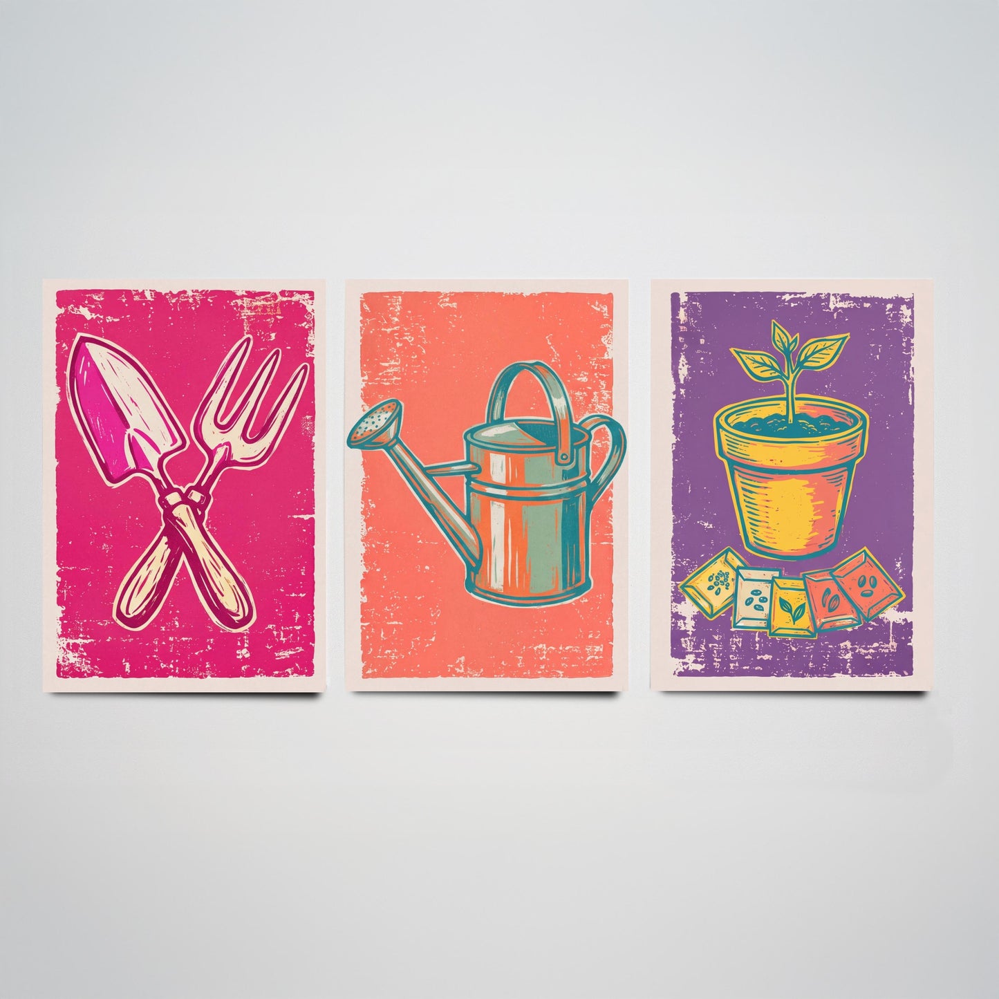 Trowel, Watering Can & Terracotta Pot Set of Three Art Prints - Linocut Garden Illustrations - Potting Shed Triptych Posters V1