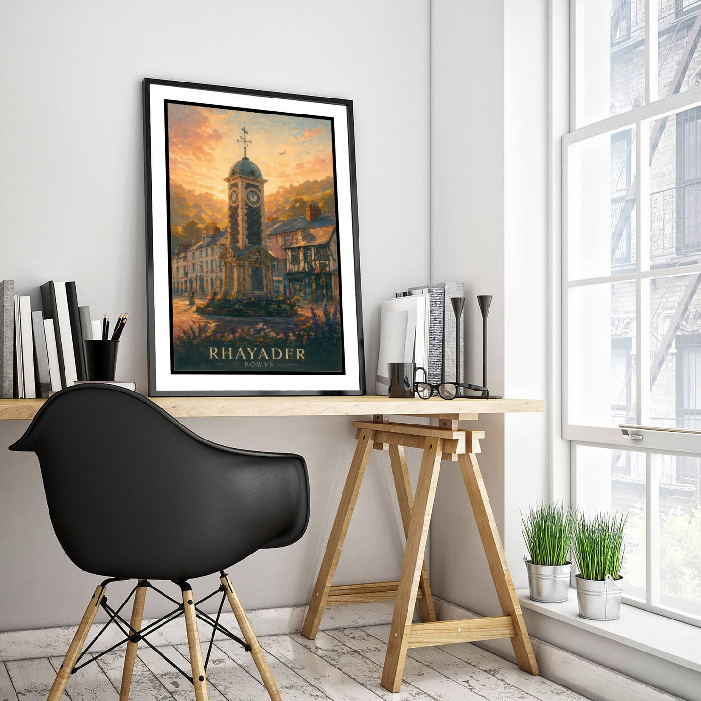 Rhayader Powys Wales Travel Poster - Art Print - Sunset Illustration - Clock Tower Wall Art 1/3