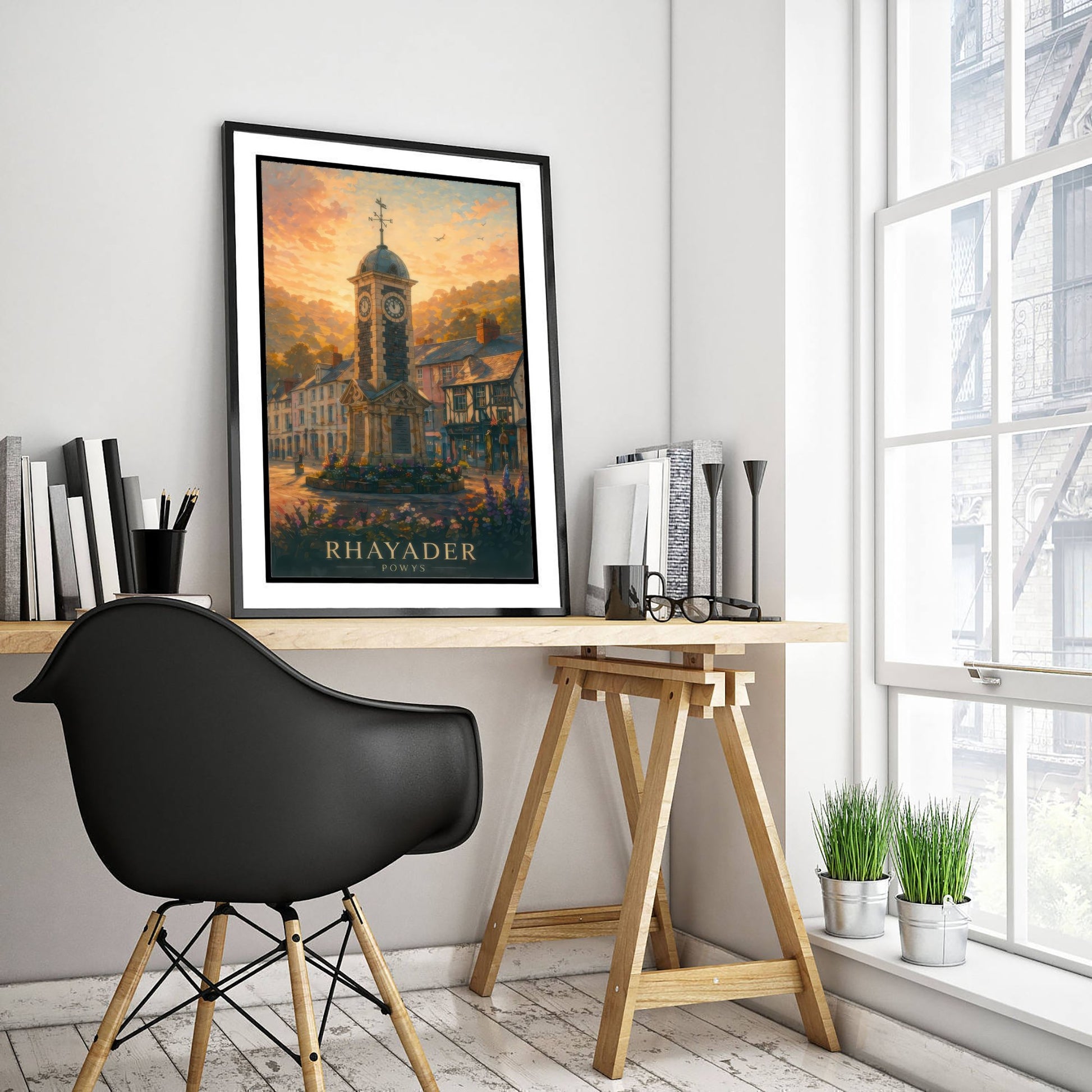 Rhayader Powys Wales Travel Poster - Art Print - Sunset Illustration - Clock Tower Wall Art 1/3