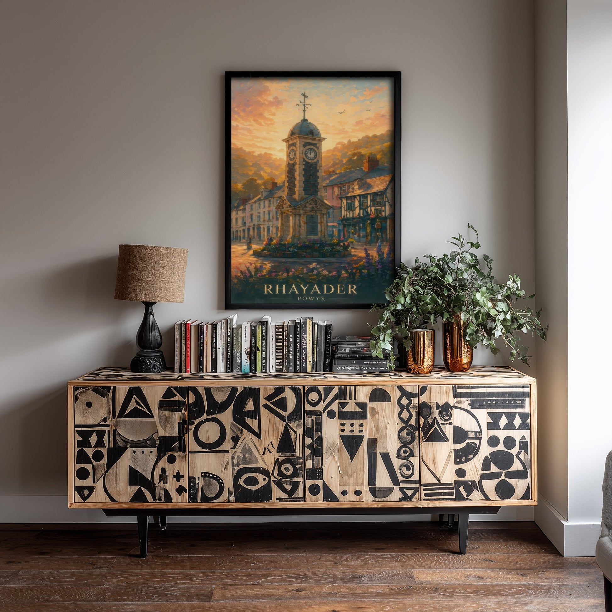 Rhayader Powys Wales Travel Poster - Art Print - Sunset Illustration - Clock Tower Wall Art 1/3