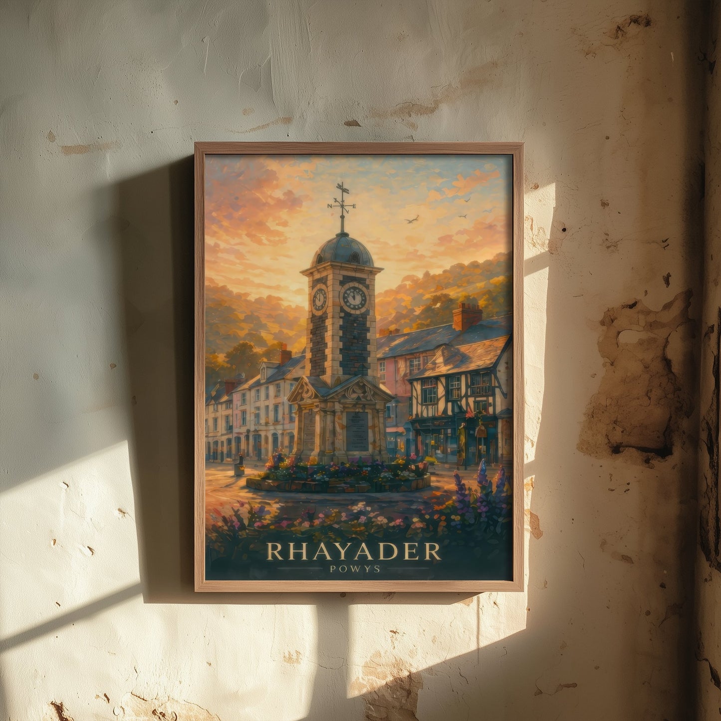 Rhayader Powys Wales Travel Poster - Art Print - Sunset Illustration - Clock Tower Wall Art 1/3