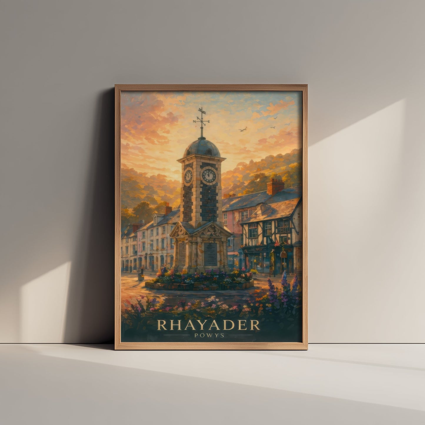 Rhayader Powys Wales Travel Poster - Art Print - Sunset Illustration - Clock Tower Wall Art 1/3