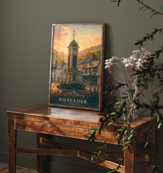 Rhayader Powys Wales Travel Poster - Art Print - Sunset Illustration - Clock Tower Wall Art 1/3