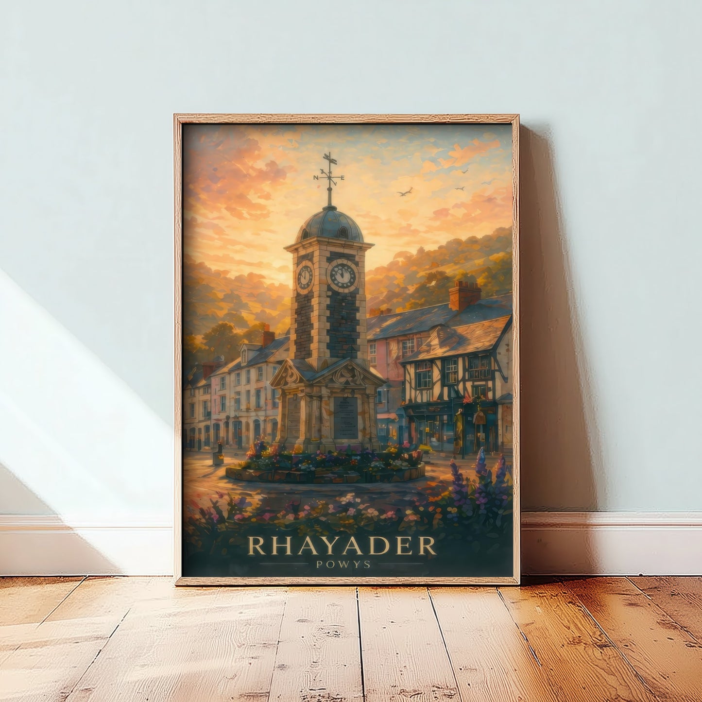 Rhayader Powys Wales Travel Poster - Art Print - Sunset Illustration - Clock Tower Wall Art 1/3